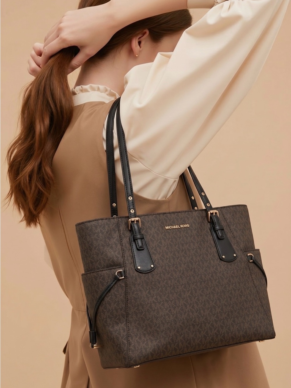 Michael Kors Dark Brown MK Logo Tote with Black Straps NWOT